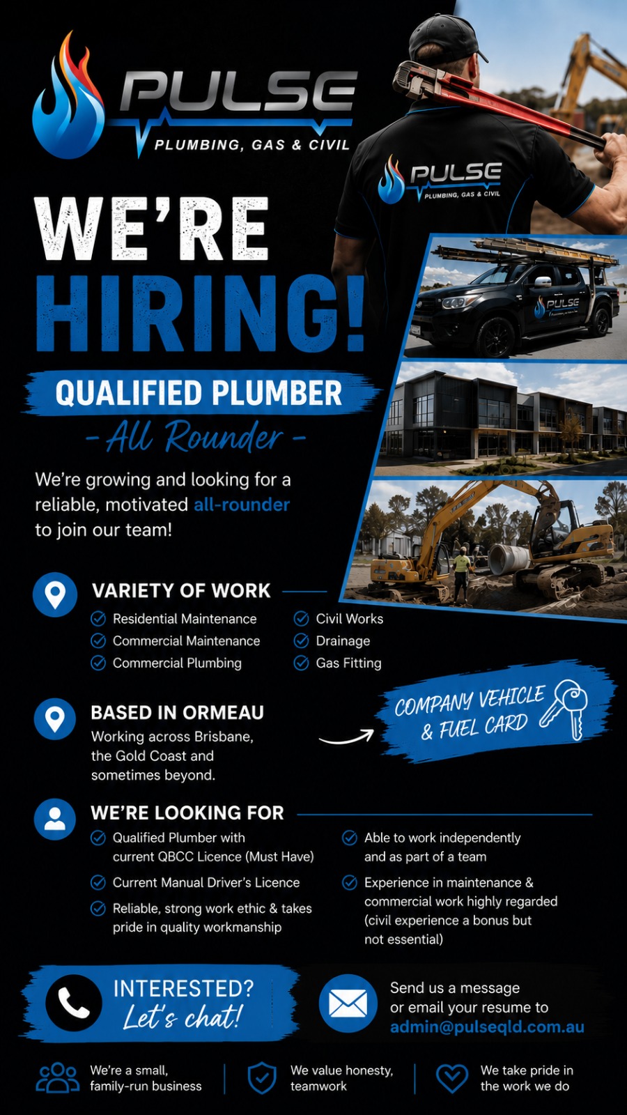 Pulse Plumbing, Gas & Civil — Now Hiring licensed plumbers and civil workers in South-East Queensland